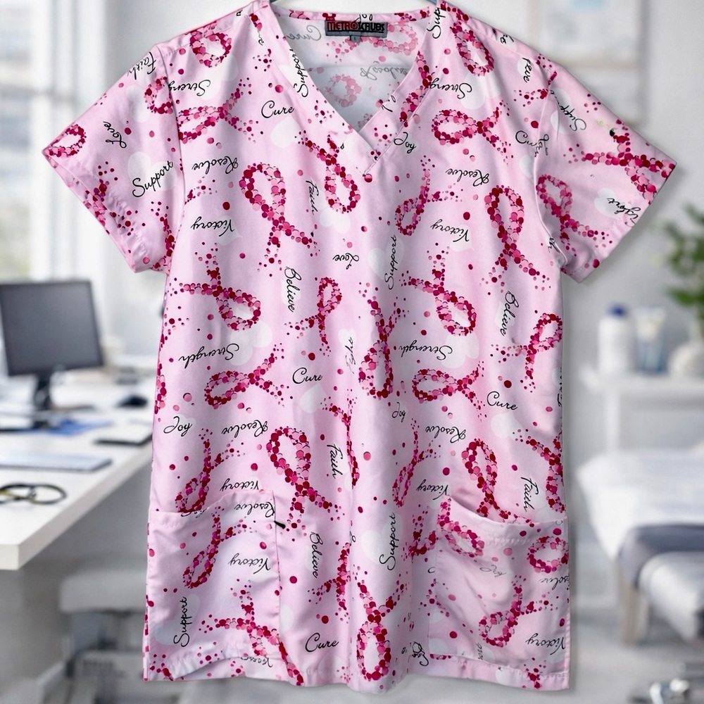 Pink Cancer Awareness Scrub Top Love Faith very good nurse scrubs Large
